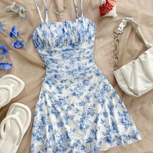 Blue And White Boho Women's Floral Mesh Halterneck Vacation Dress
